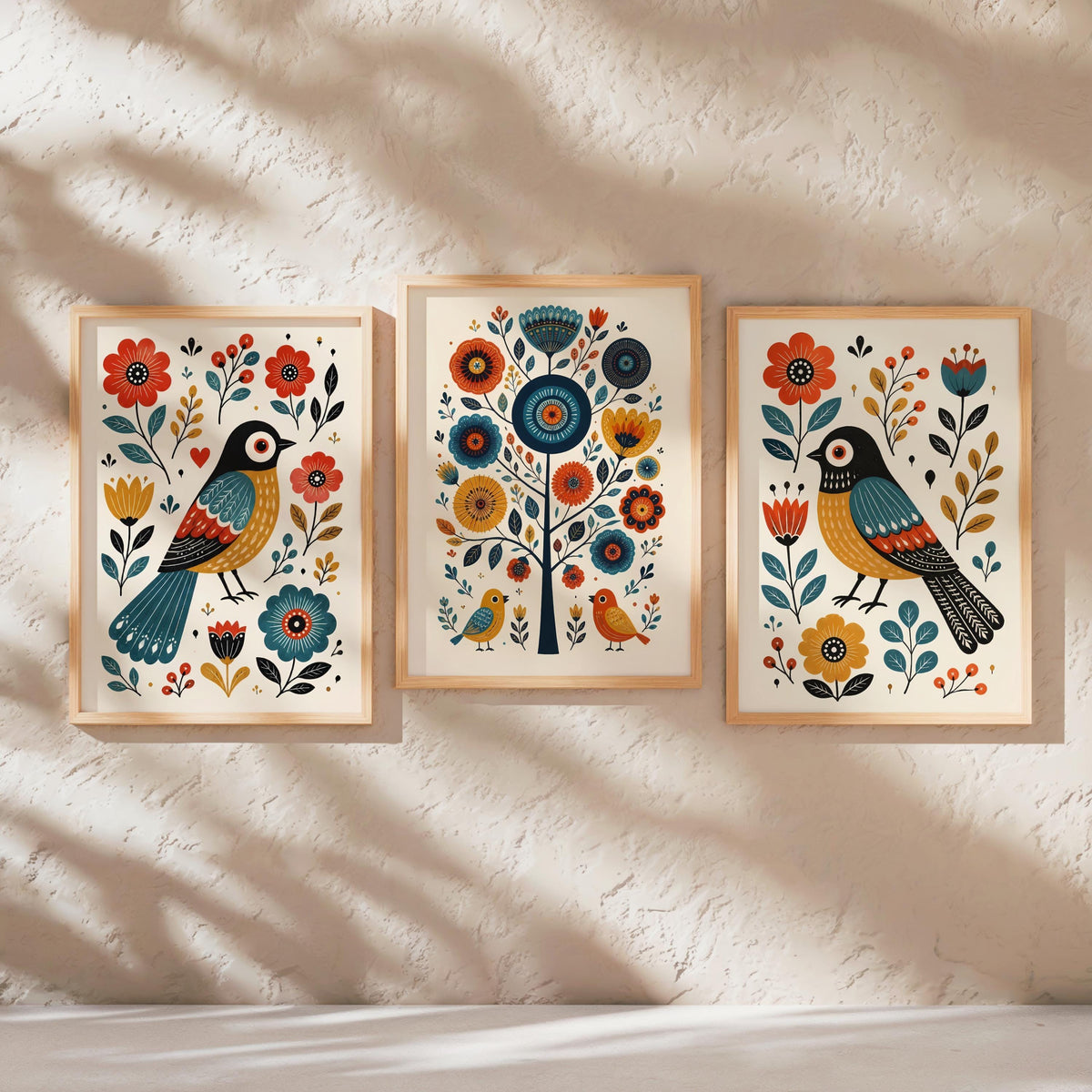 Scandinavian Folk Art Bird Prints, Whimsical Nursery Wall Art Set, Playful Hygge Pattern Poster, Nordic Floral Printable, Rosemaling Decor