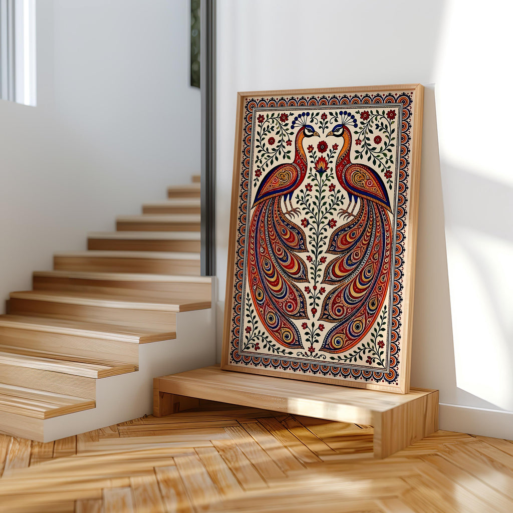 Madhubani Peacock Painting - Indian Folk Wall Art decor - Asian Bird Illustration (Physical print)
