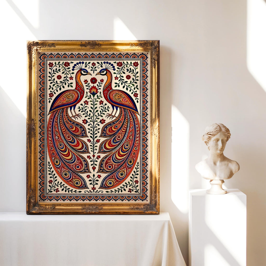 Madhubani Peacock Painting - Indian Folk Wall Art decor - Asian Bird Illustration (Physical print)