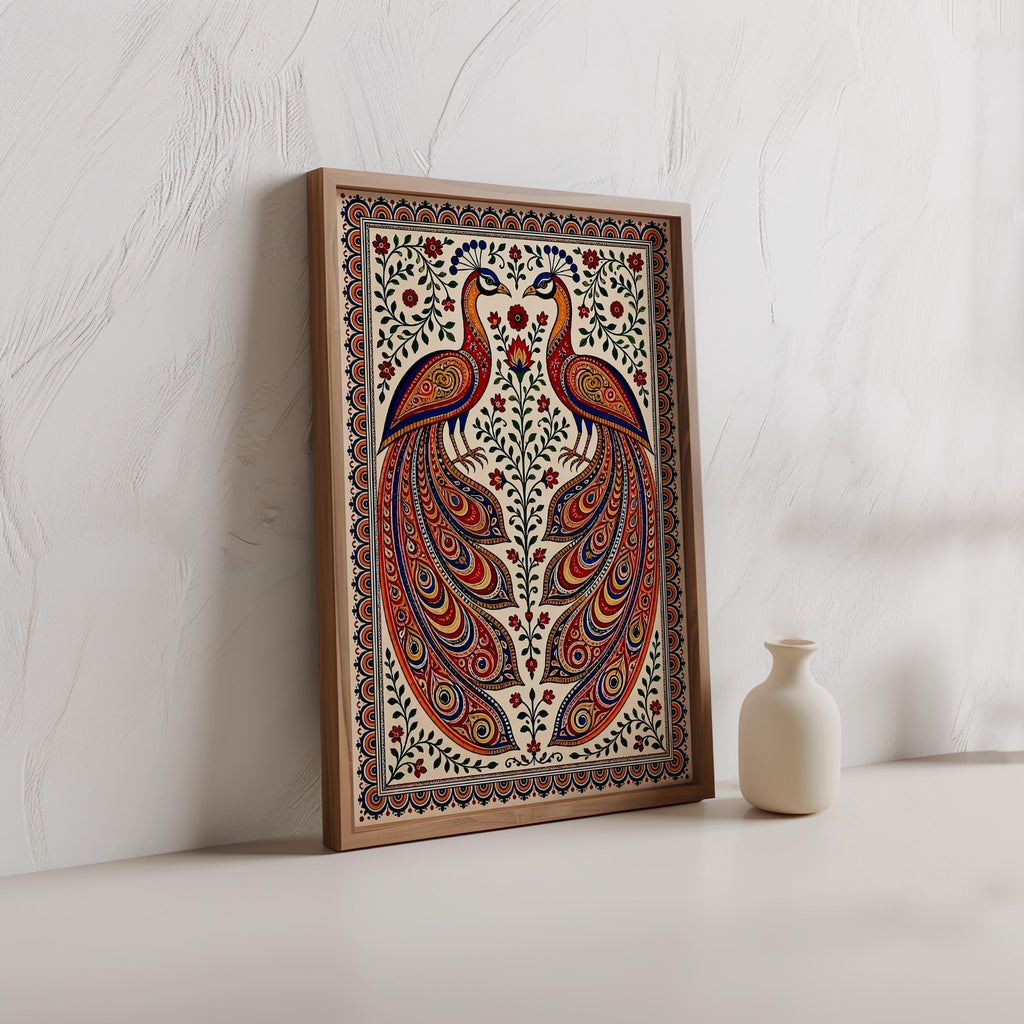 Madhubani Peacock Painting – Indian Folk Art Walldecor - Asian Mandala Bird Illustration (Digital Download)