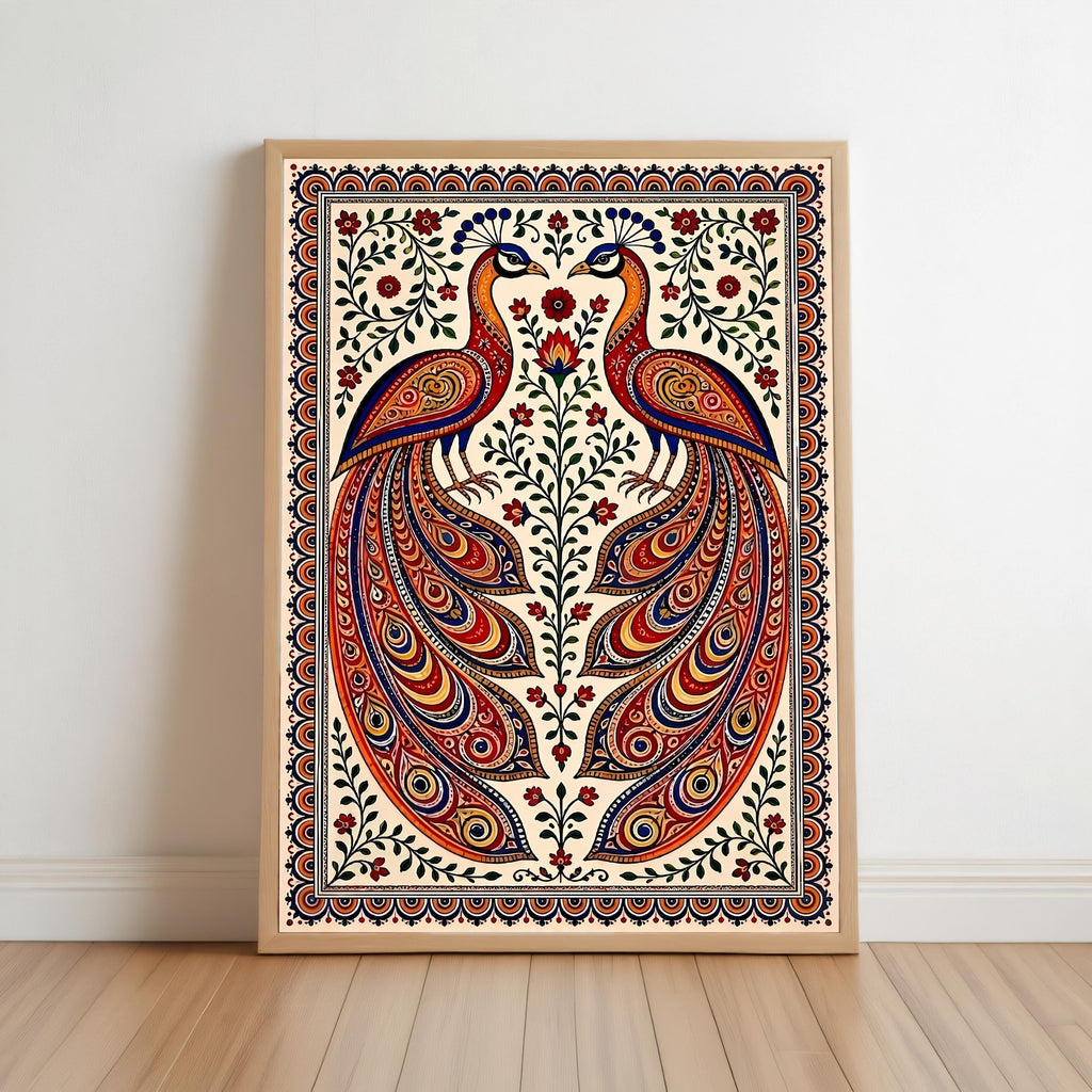 Madhubani Peacock Painting – Indian Folk Art Walldecor - Asian Mandala Bird Illustration (Digital Download)