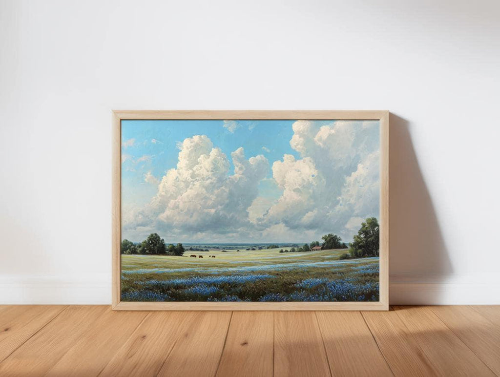 Bluebonnet Landscape Texas Wall Art, Hill Country Oil Painting, Wildflower Meadow Poster, Pastoral Countryside Print, Rustic Home Decor