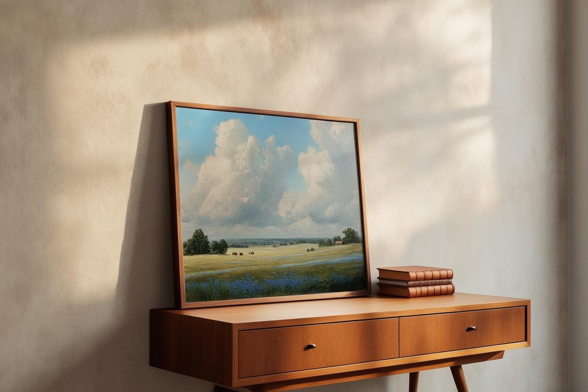 Bluebonnet Landscape Texas Wall Art, Hill Country Oil Painting, Wildflower Meadow Poster, Pastoral Countryside Print, Rustic Home Decor