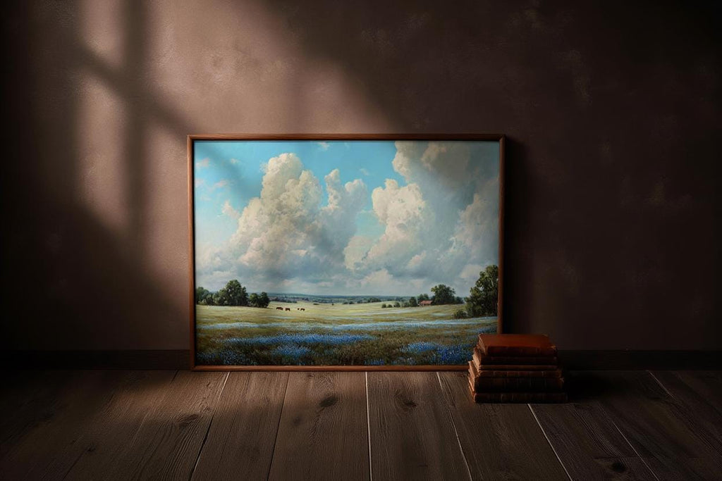 Bluebonnet Landscape Texas Wall Art, Hill Country Oil Painting, Wildflower Meadow Poster, Pastoral Countryside Print, Rustic Home Decor