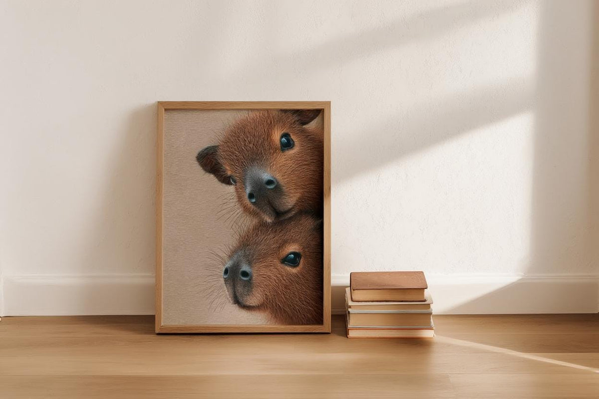 Capybara Wall Art, Baby Animals Poster, Fluffy Nursery Decor, Cute Brown Rodent Peeking Print, Kids Room Painting, Framed or Unframed