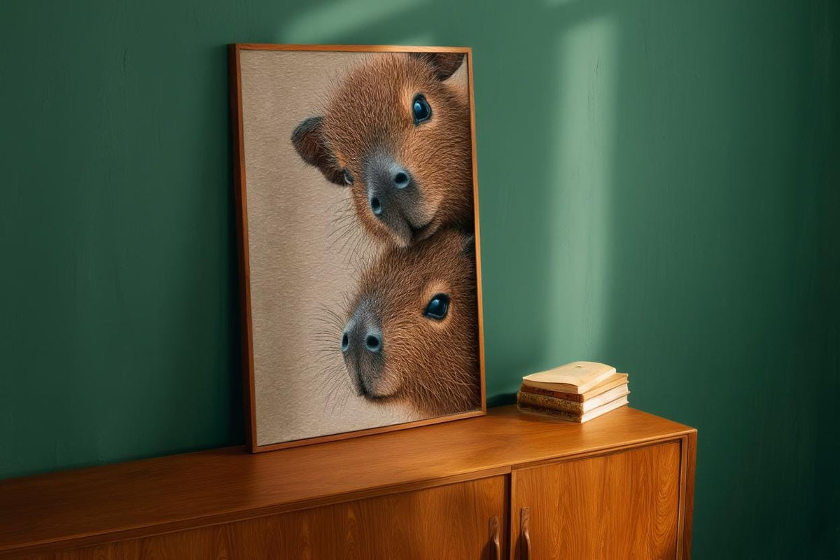 Capybara Wall Art, Baby Animals Poster, Fluffy Nursery Decor, Cute Brown Rodent Peeking Print, Kids Room Painting, Framed or Unframed
