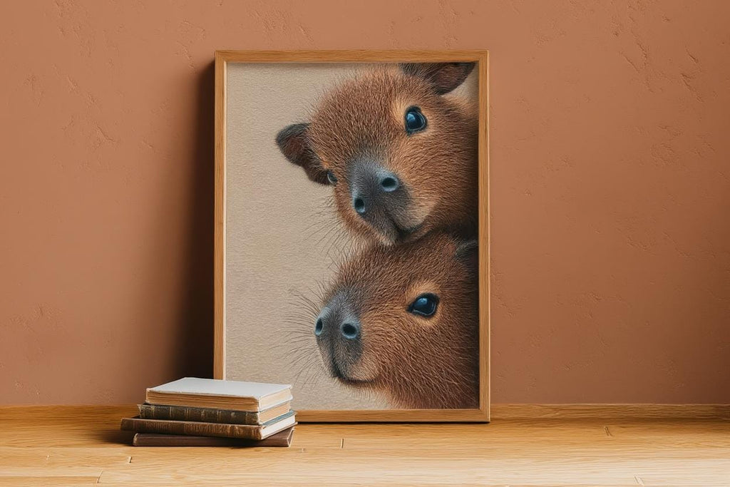 Capybara Wall Art, Baby Animals Poster, Fluffy Nursery Decor, Cute Brown Rodent Peeking Print, Kids Room Painting, Framed or Unframed