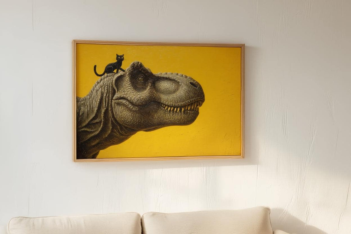 T-Rex Dinosaur Print, Tyrannosaurus Illustration, Surreal Black Cat Animal Portrait, Minimalist Nursery Decor Whimsical Prehistoric Wall Art