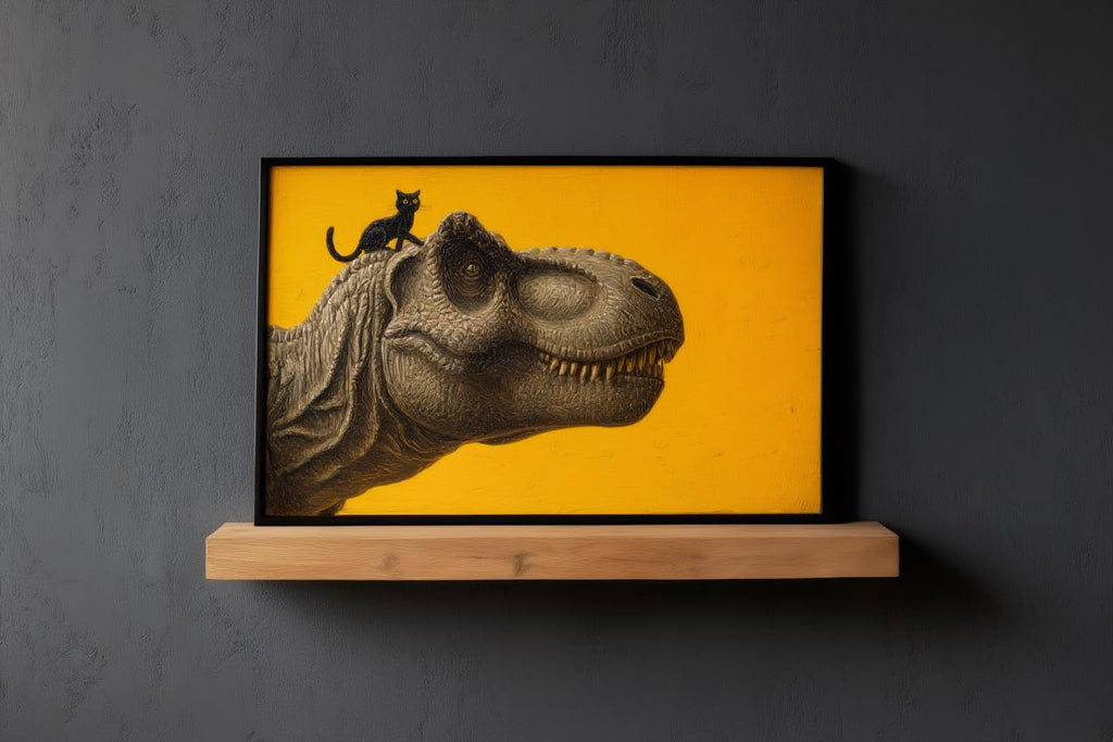 T-Rex Dinosaur Print, Tyrannosaurus Illustration, Surreal Black Cat Animal Portrait, Minimalist Nursery Decor Whimsical Prehistoric Wall Art