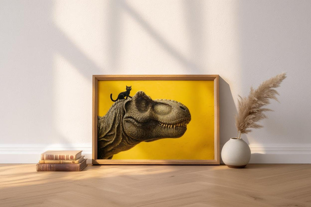 T-Rex Dinosaur Print, Tyrannosaurus Illustration, Surreal Black Cat Animal Portrait, Minimalist Nursery Decor Whimsical Prehistoric Wall Art