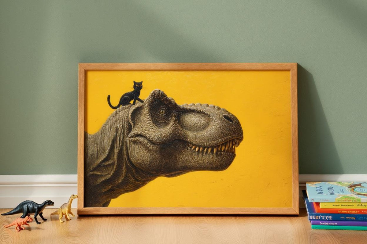 T-Rex Dinosaur Print, Tyrannosaurus Illustration, Surreal Black Cat Animal Portrait, Minimalist Nursery Decor Whimsical Prehistoric Wall Art