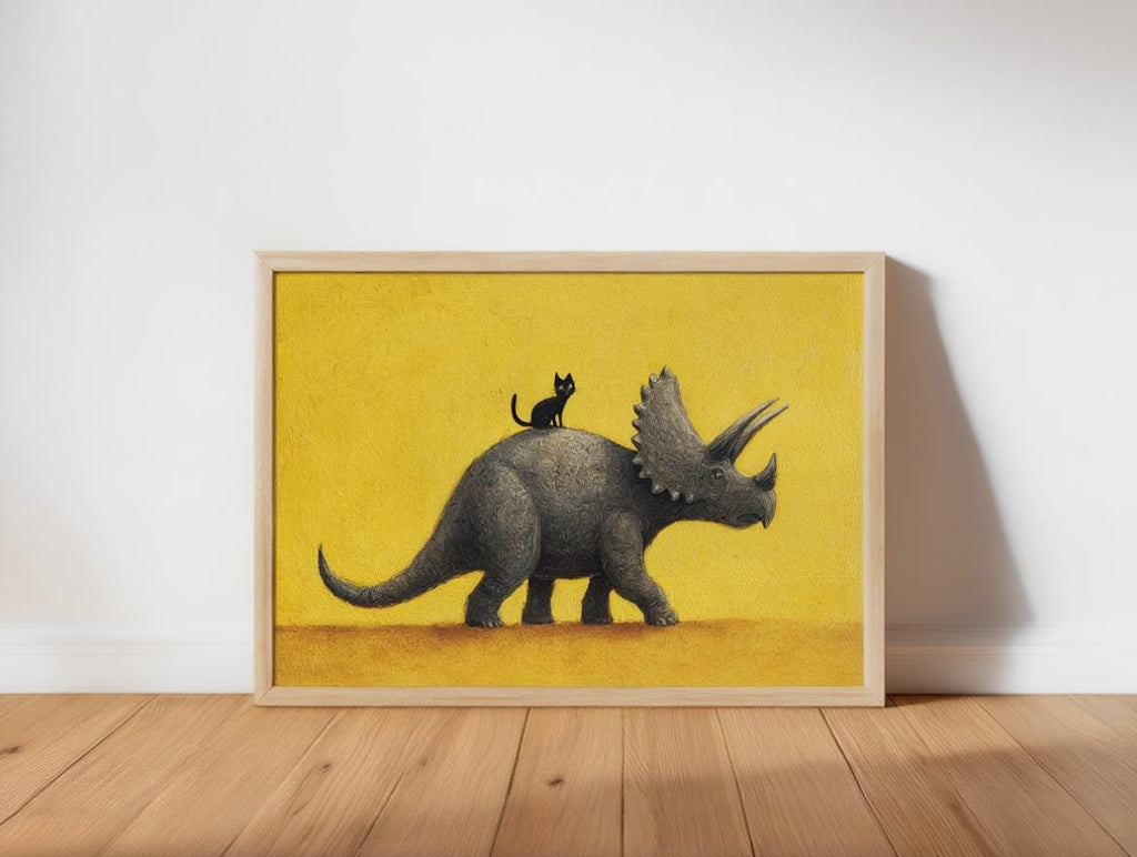 Triceratops Wall Art, Cute Black Cat Print, Funny Dinosaur Poster, Quirky Pet Gift, Whimsical Prehistoric Nursery Painting, Yellow Decor