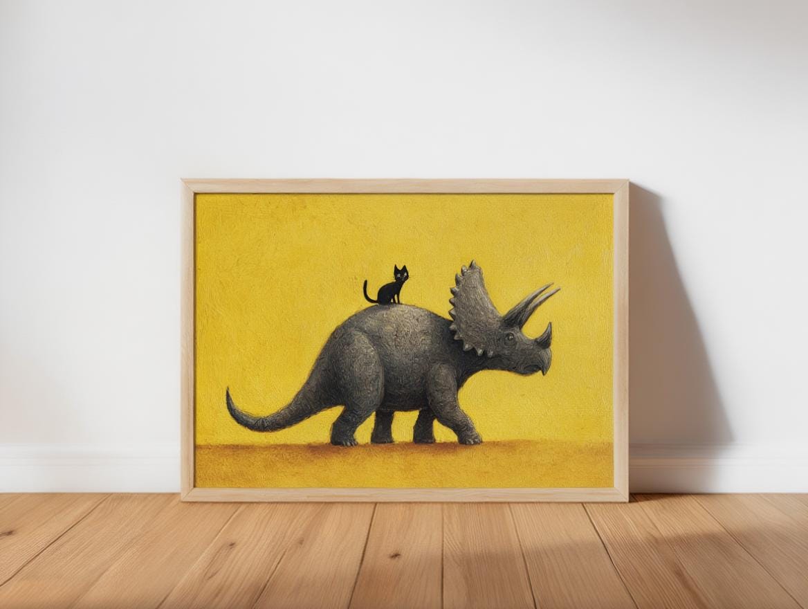 Triceratops Wall Art, Cute Black Cat Print, Funny Dinosaur Poster, Quirky Pet Gift, Whimsical Prehistoric Nursery Painting, Yellow Decor