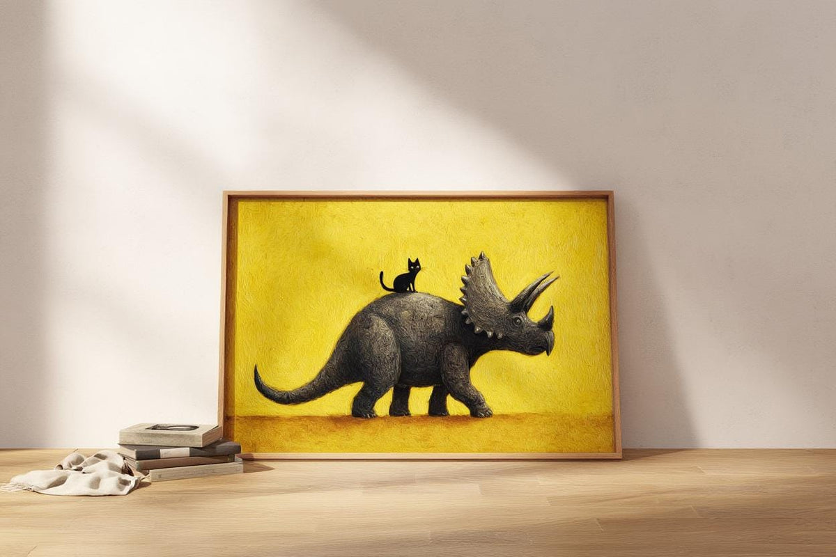 Triceratops Wall Art, Cute Black Cat Print, Funny Dinosaur Poster, Quirky Pet Gift, Whimsical Prehistoric Nursery Painting, Yellow Decor