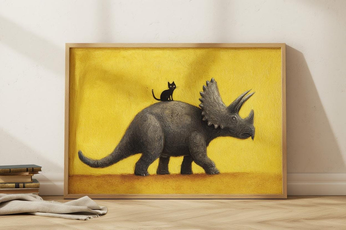 Triceratops Wall Art, Cute Black Cat Print, Funny Dinosaur Poster, Quirky Pet Gift, Whimsical Prehistoric Nursery Painting, Yellow Decor
