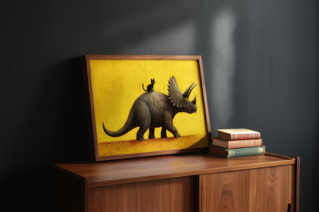 Triceratops Wall Art, Cute Black Cat Print, Funny Dinosaur Poster, Quirky Pet Gift, Whimsical Prehistoric Nursery Painting, Yellow Decor