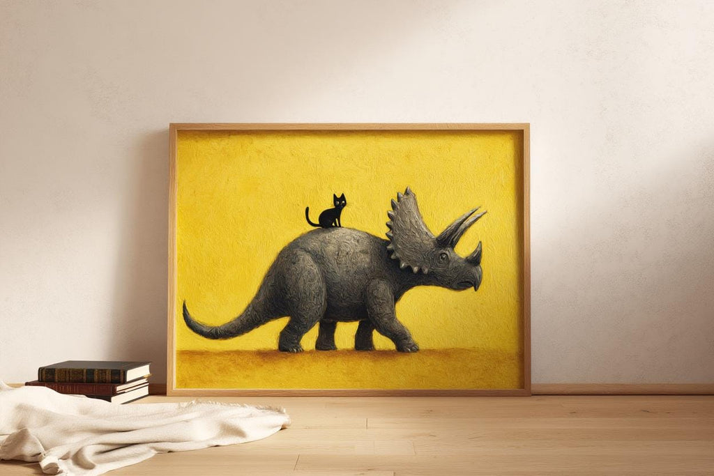 Triceratops Wall Art, Cute Black Cat Print, Funny Dinosaur Poster, Quirky Pet Gift, Whimsical Prehistoric Nursery Painting, Yellow Decor