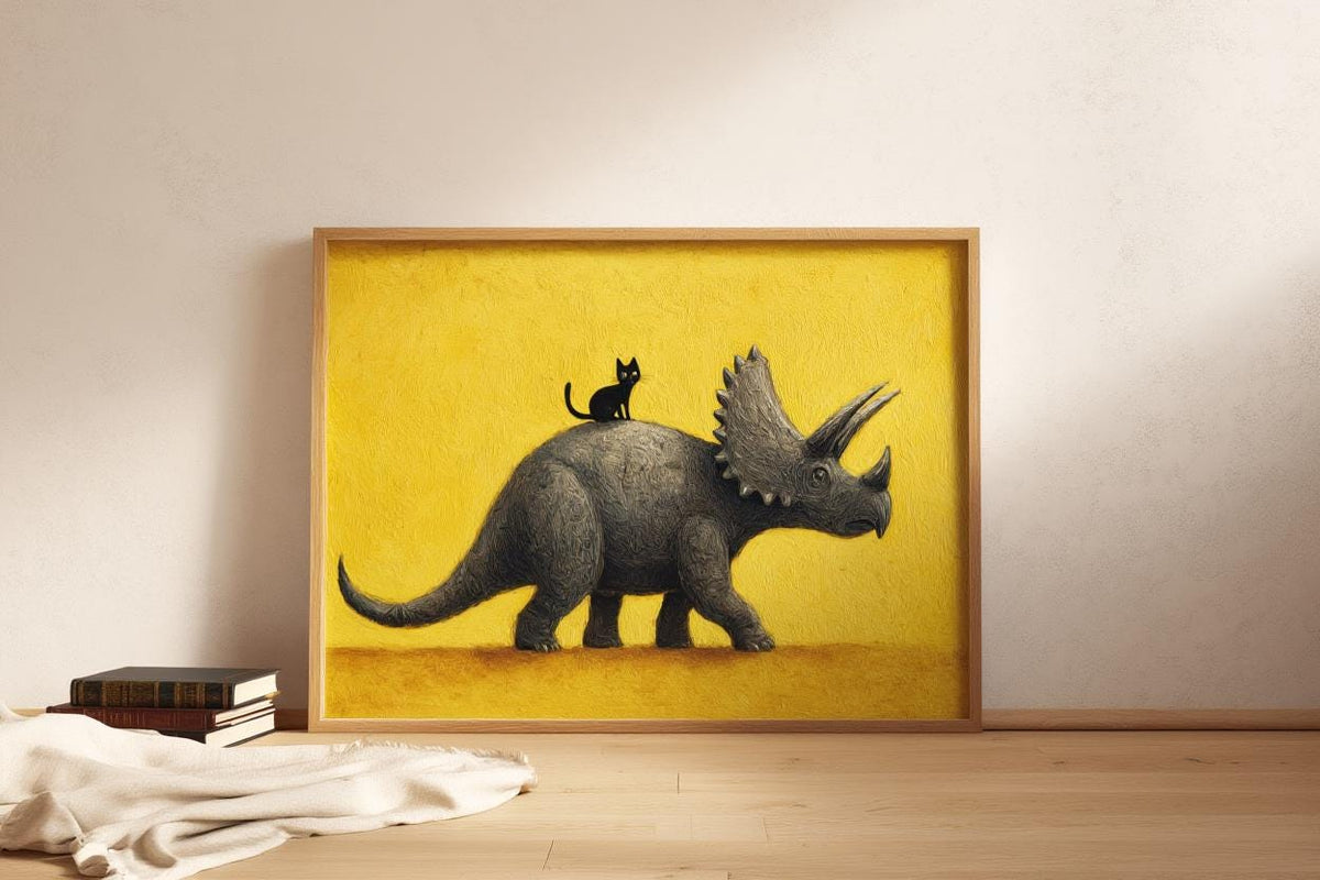 Triceratops Wall Art, Cute Black Cat Print, Funny Dinosaur Poster, Quirky Pet Gift, Whimsical Prehistoric Nursery Painting, Yellow Decor