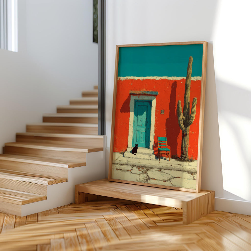 Saguaro cactus art print leaning on wooden stair steps, bold high-contrast palette, boho southwestern home decor styling