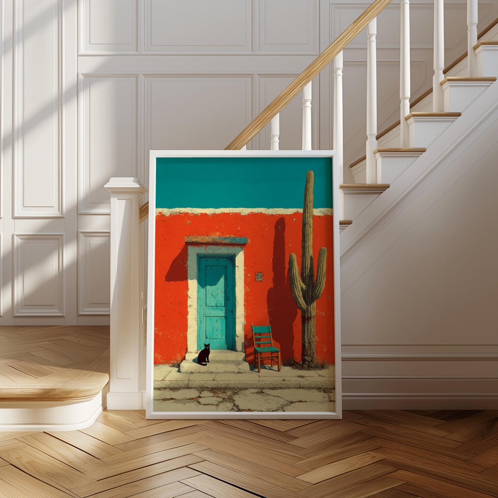Poster propped beside a white stair rail, vivid turquoise door wall art against red stucco, cactus wall art print contrast