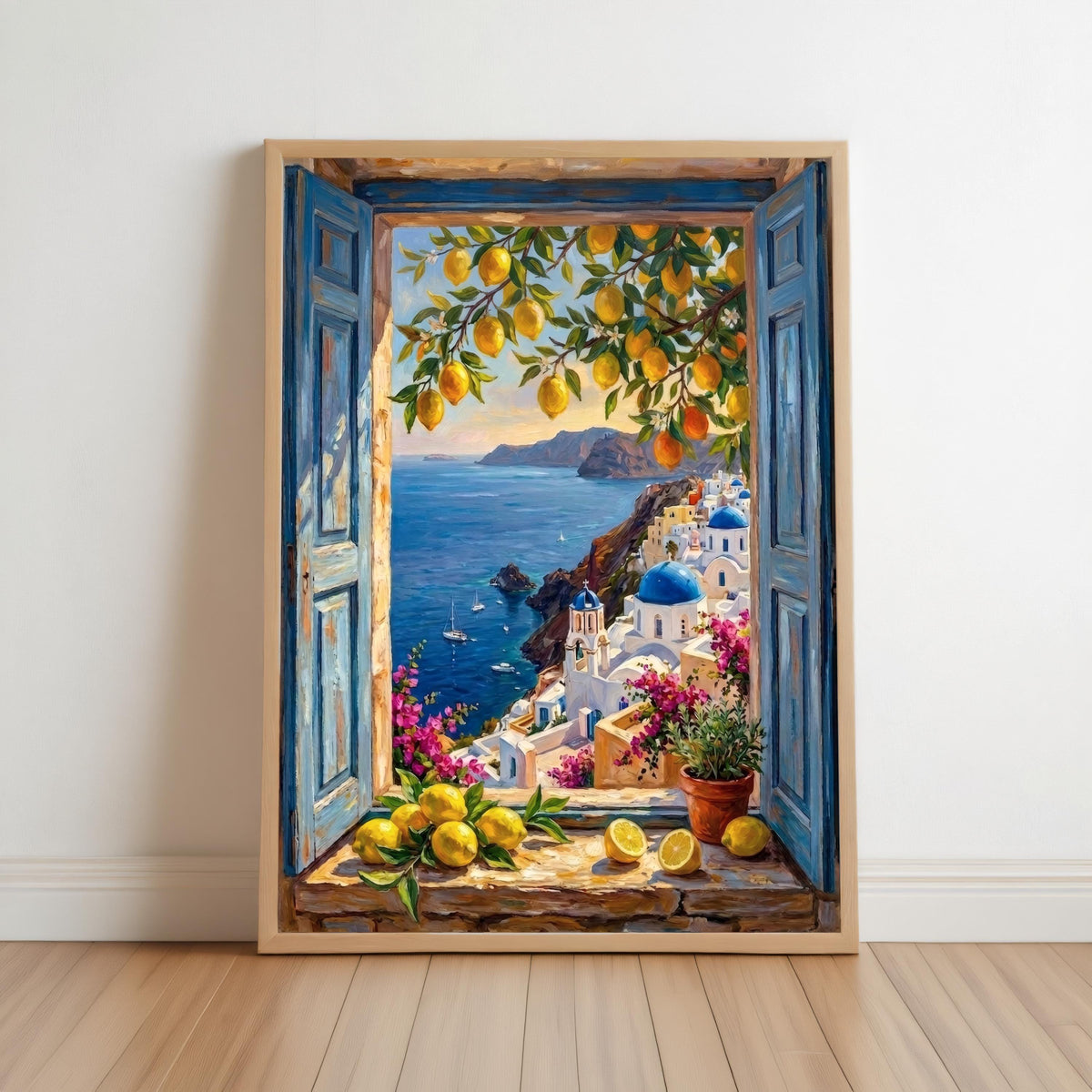 Coastal Window View Wall Art, Mediterranean Sea Print, Matisse Style Painting, Nautical Sailing Boat Decor Greek Island Summer Travel Poster