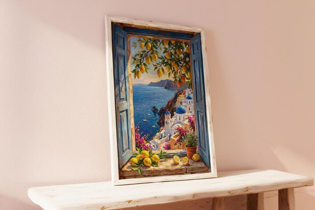 Coastal Window View Wall Art, Mediterranean Sea Print, Matisse Style Painting, Nautical Sailing Boat Decor Greek Island Summer Travel Poster
