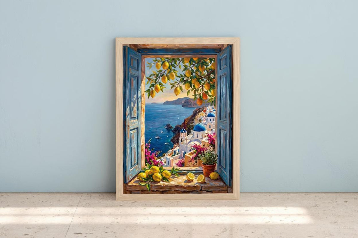 Coastal Window View Wall Art, Mediterranean Sea Print, Matisse Style Painting, Nautical Sailing Boat Decor Greek Island Summer Travel Poster