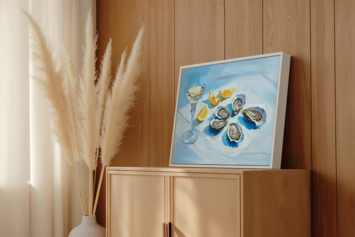 Oyster, lemons & martini glass still life on a blue table; Fauvism-style Mediterranean oil wall art.