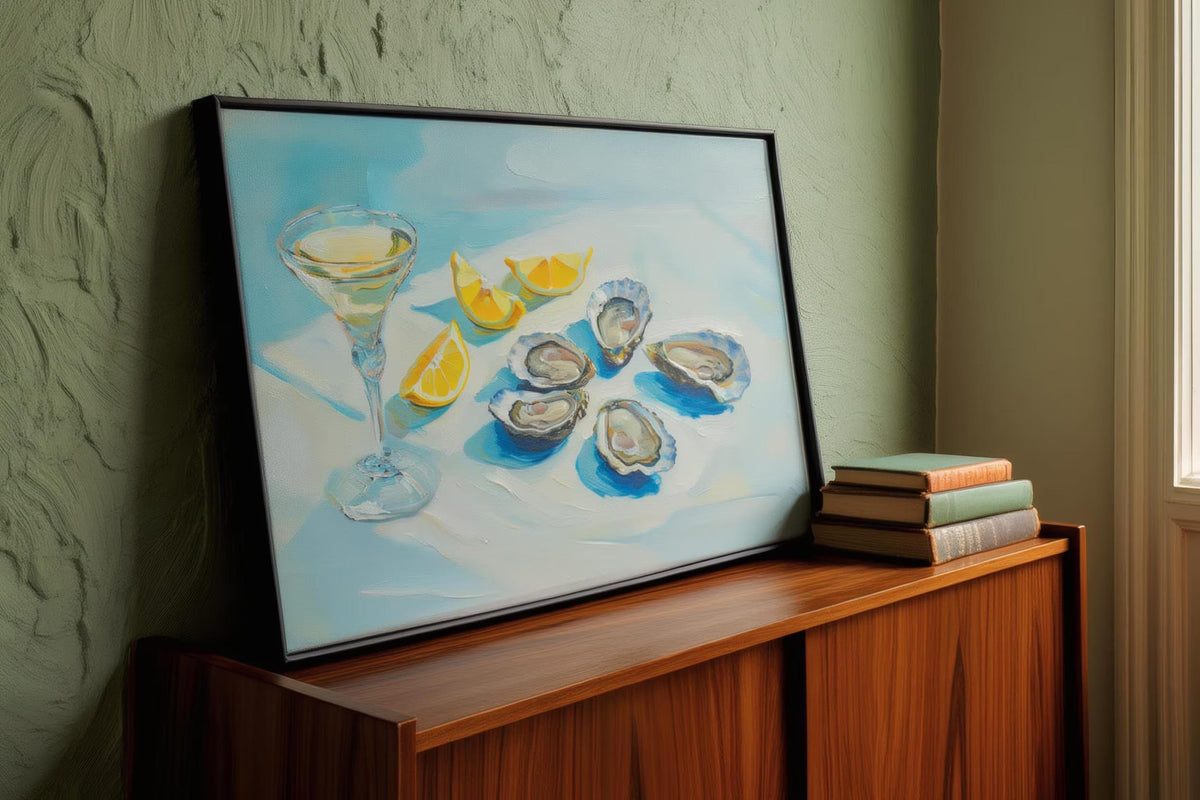Oyster, lemons & martini glass still life on a blue table; Fauvism-style Mediterranean oil wall art.