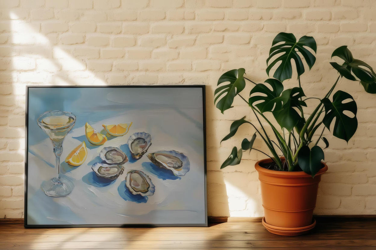 Oyster, lemons & martini glass still life on a blue table; Fauvism-style Mediterranean oil wall art.