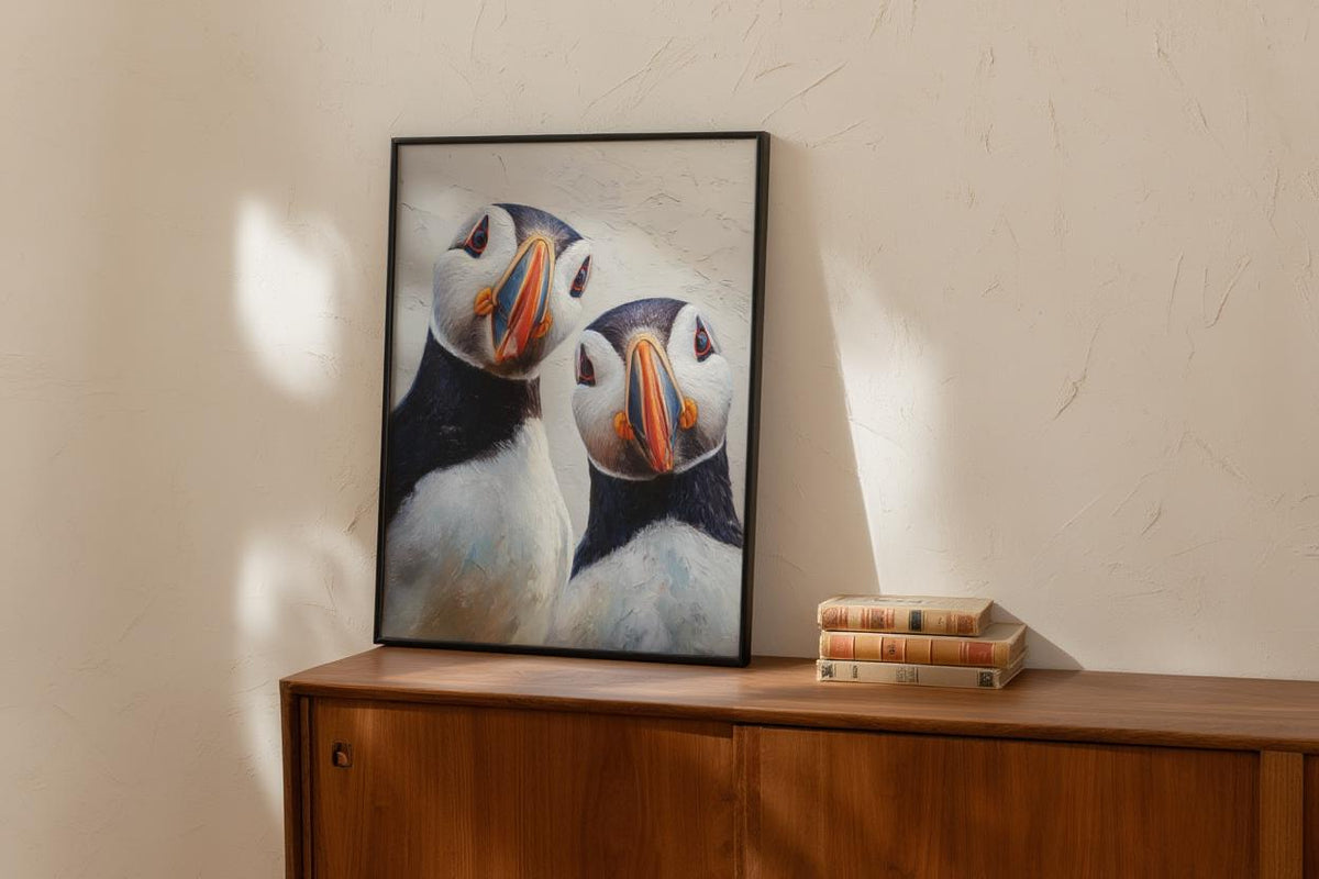 Puffin Wall Art, Whimsical Coastal Bird Portrait, Painterly Seabird Print, Beach House Decor, Wildlife Lover Gift, Seaside Cottage Art