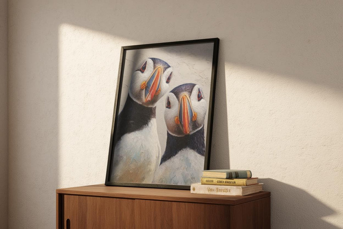Puffin Wall Art, Whimsical Coastal Bird Portrait, Painterly Seabird Print, Beach House Decor, Wildlife Lover Gift, Seaside Cottage Art