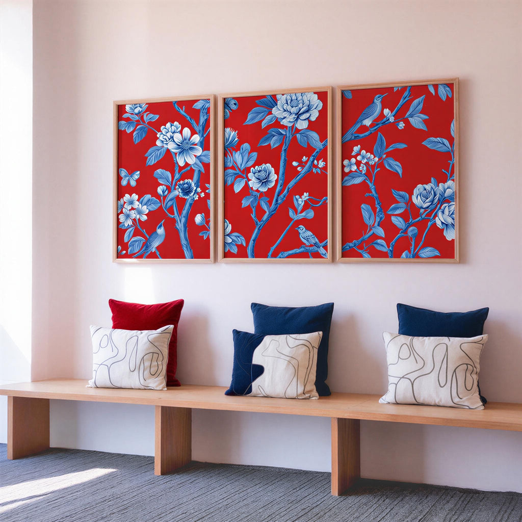 Chinoiserie Christmas Red & Blue Set of 3, Watercolor Chinese Wallpaper Print, Botanical Birds Flowers Tapestry, Floral Botanical Peonies