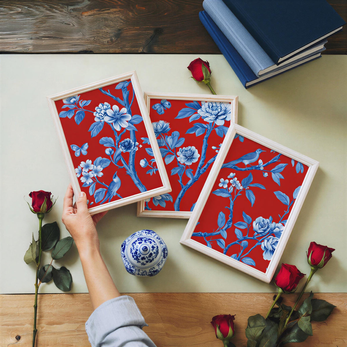 Chinoiserie Christmas Red & Blue Set of 3, Watercolor Chinese Wallpaper Print, Botanical Birds Flowers Tapestry, Floral Botanical Peonies