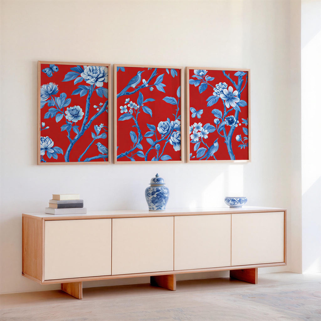 Chinoiserie Christmas Red & Blue Set of 3, Watercolor Chinese Wallpaper Print, Botanical Birds Flowers Tapestry, Floral Botanical Peonies