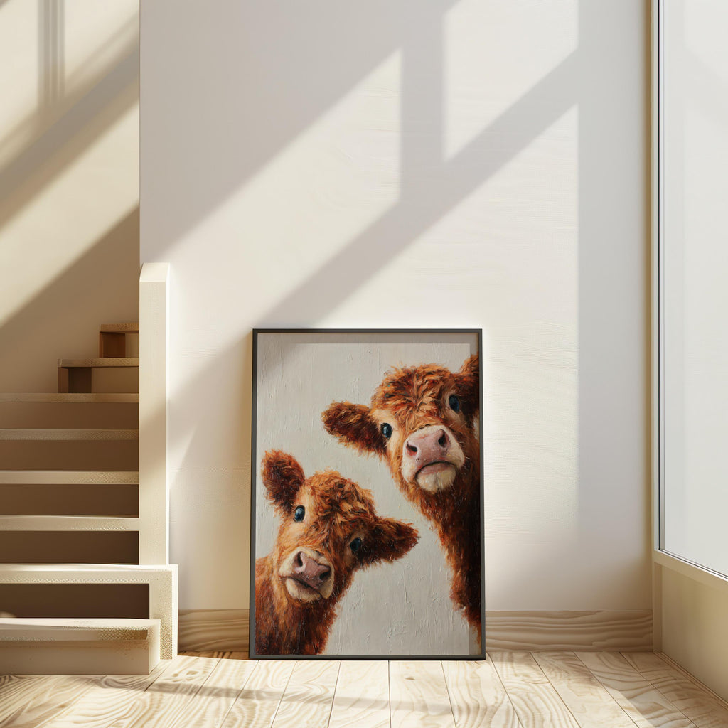 Highland Cows Wall Art, Whimsical Baby Farm Animal Painting, Peeking Cute Fluffy Calves Canvas, Rustic Nursery, Kids Room, Cottagecore Decor