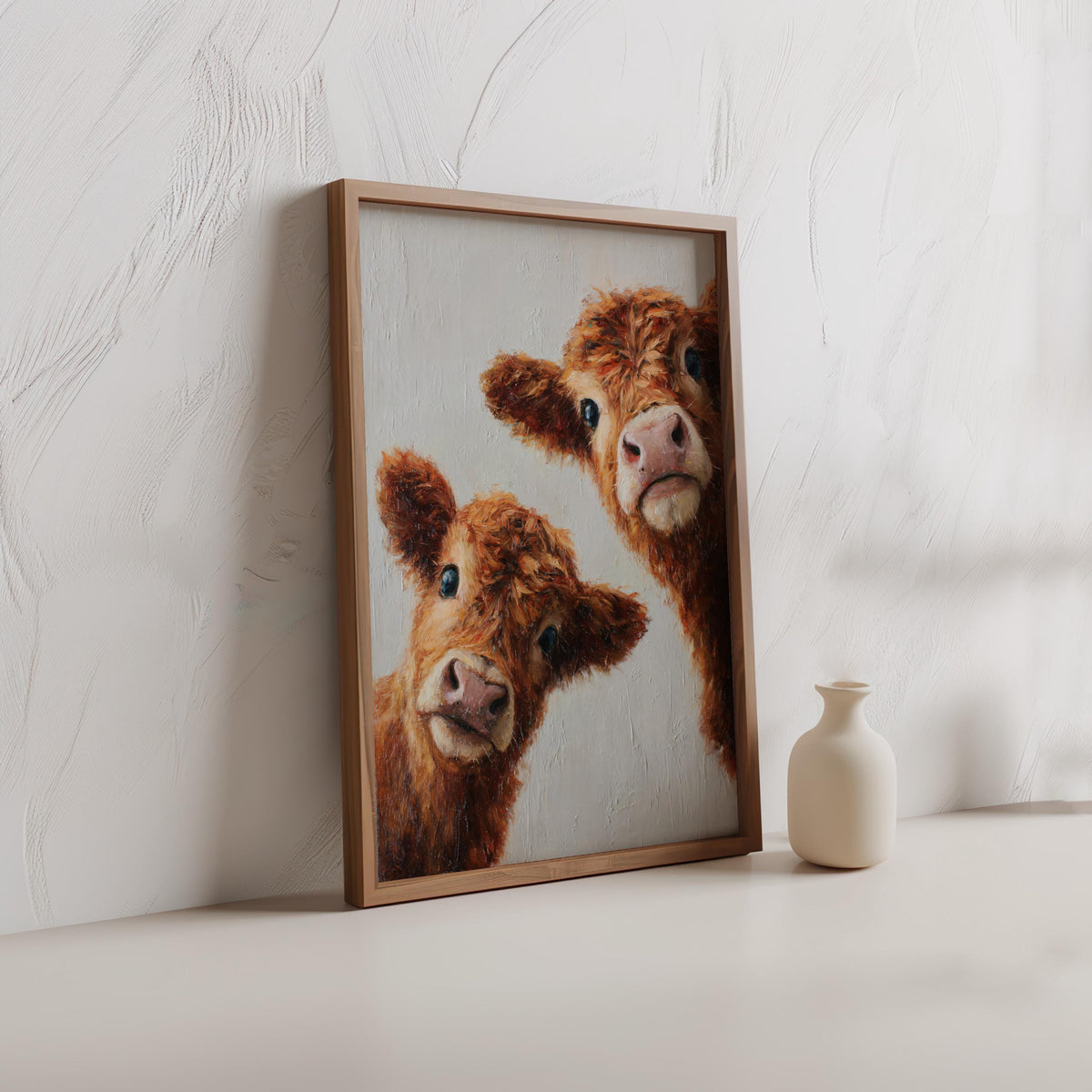 Highland Cows Wall Art, Whimsical Baby Farm Animal Painting, Peeking Cute Fluffy Calves Canvas, Rustic Nursery, Kids Room, Cottagecore Decor