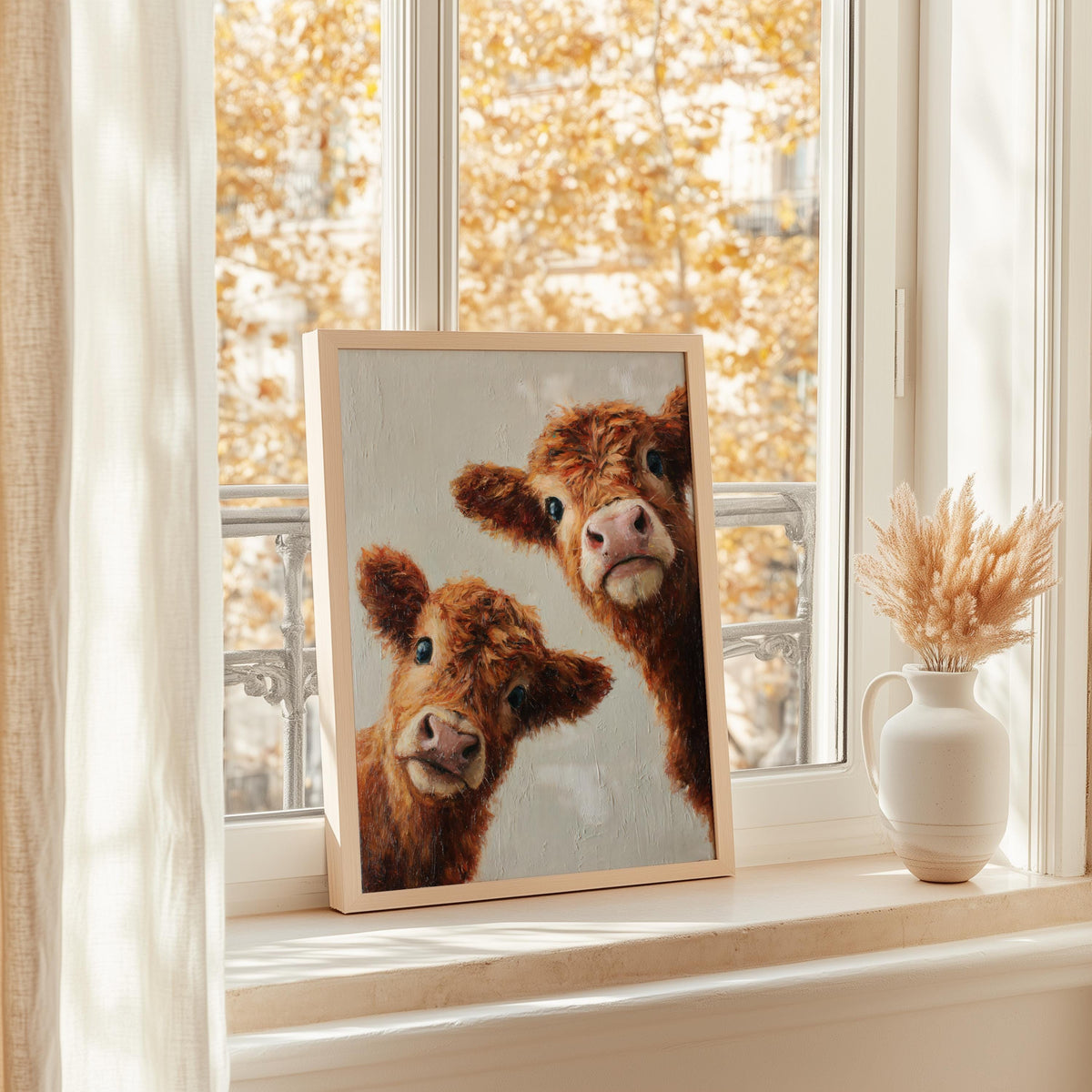 Highland Cows Wall Art, Whimsical Baby Farm Animal Painting, Peeking Cute Fluffy Calves Canvas, Rustic Nursery, Kids Room, Cottagecore Decor
