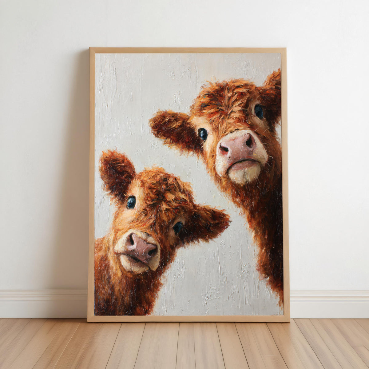 Highland Cows Wall Art, Whimsical Baby Farm Animal Painting, Peeking Cute Fluffy Calves Canvas, Rustic Nursery, Kids Room, Cottagecore Decor