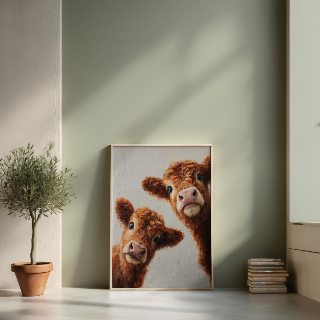 Highland Cows Wall Art, Whimsical Baby Farm Animal Painting, Peeking Cute Fluffy Calves Canvas, Rustic Nursery, Kids Room, Cottagecore Decor