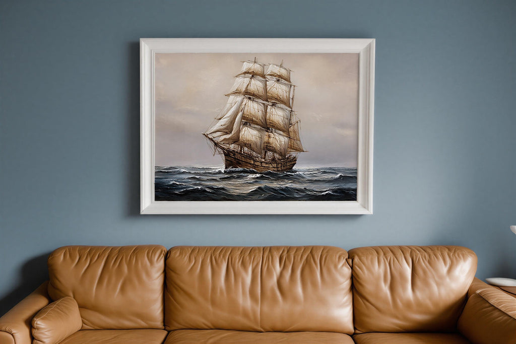 Antique tall ship canvas for nautical wall art; billowing sails on a moody navy blue seascape framed in ornate gold.