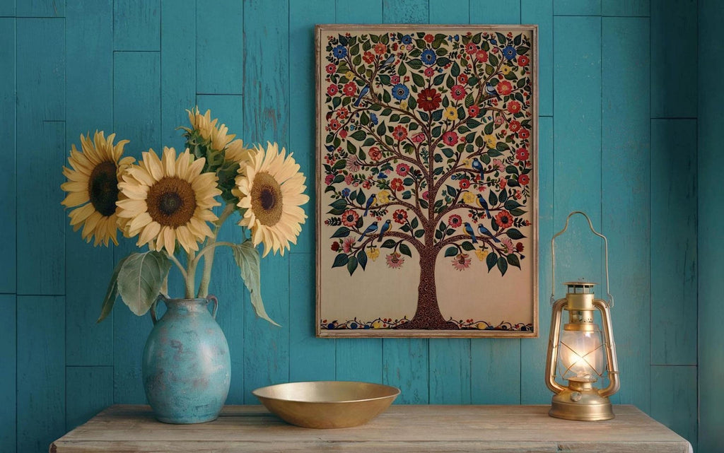 a wooden table with a blue vase holding three yellow sunflowers, a gold bowl, and a lantern. Above the table, there is a framed picture of a tree with a colorful, intricate design.