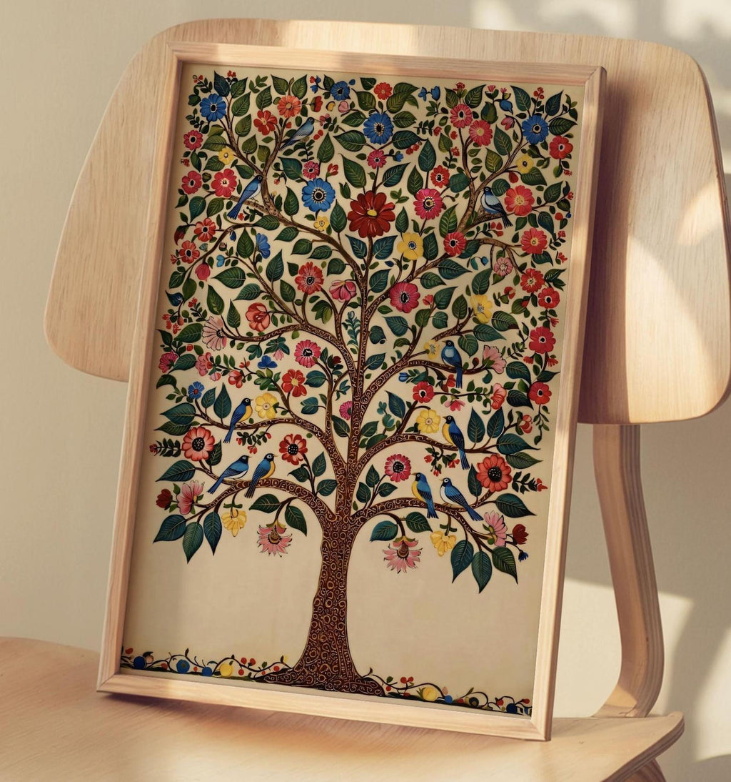 a framed painting of a tree with colorful flowers and birds on its branches.