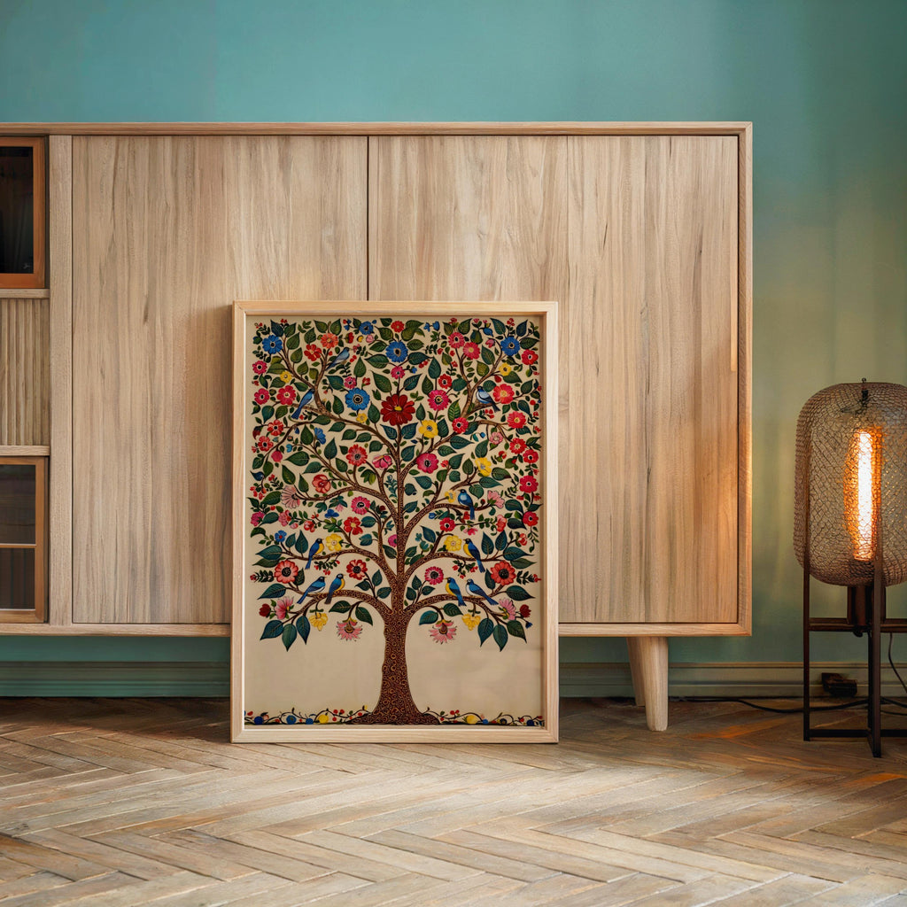 a large, colorful, and intricately designed tree painting displayed on a wooden cabinet. The painting is framed and placed on a wooden floor, with a lamp and a cabinet visible in the background.