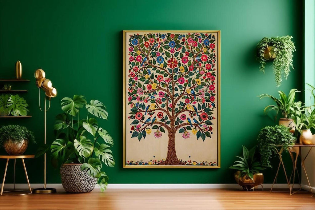 a large, colorful painting of a tree with a vibrant floral design, hanging on a green wall in a room with various potted plants and decorative elements.