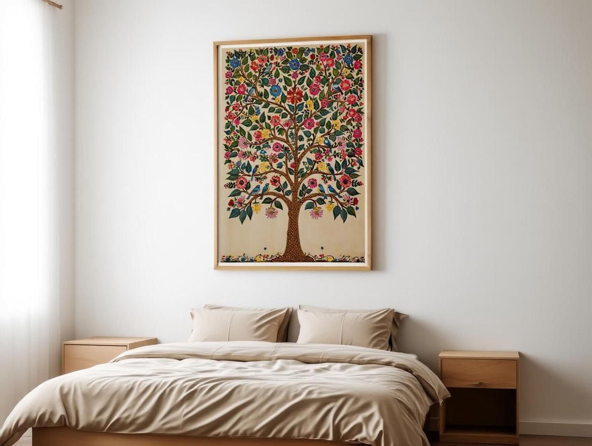 a bedroom with a large, colorful tree painting hanging on the wall above a bed with a beige comforter.