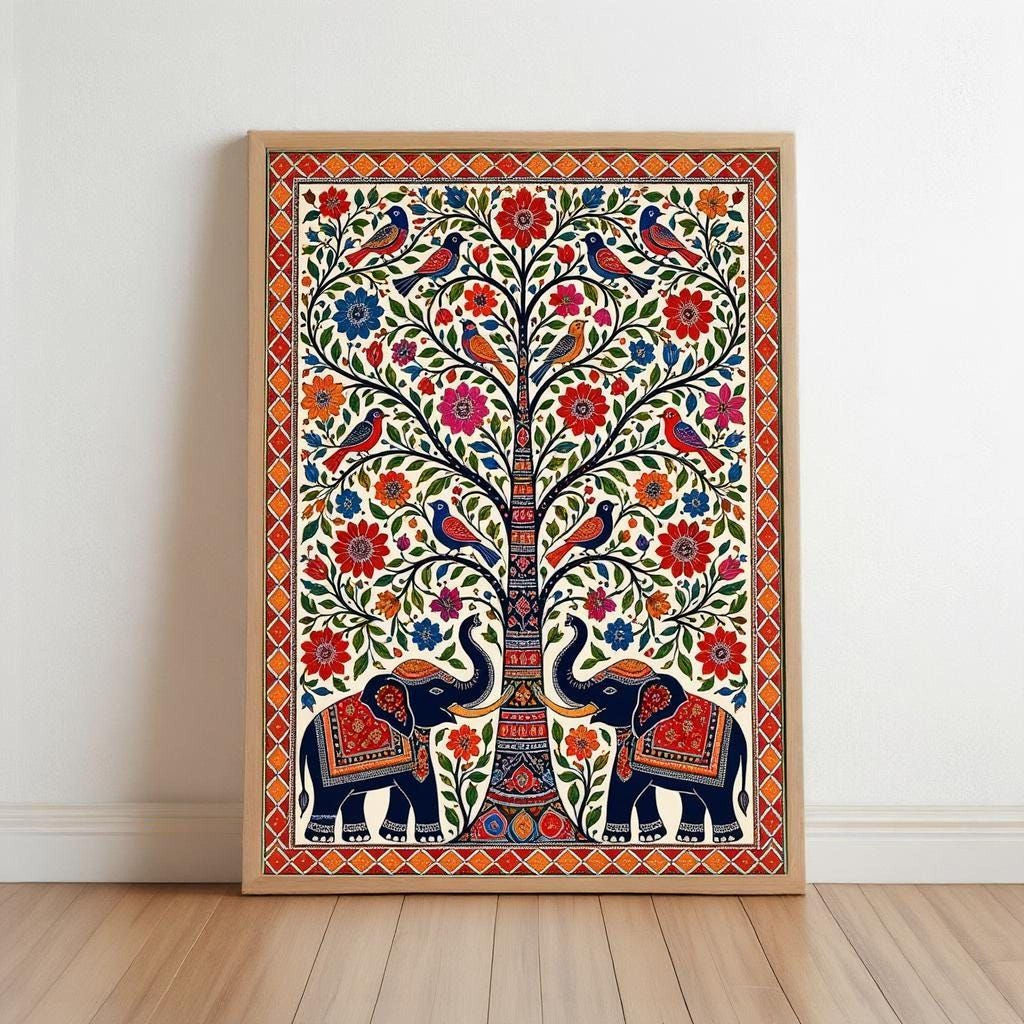 The image is a framed artwork depicting a tree with various colorful flowers and birds, including two elephants. The elephants are adorned with intricate patterns and designs, adding to the overall visual appeal of the scene.