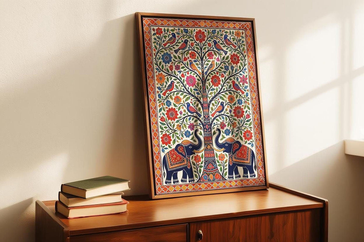 A framed picture of two elephants standing under a tree with a colorful, intricate design is displayed on a wooden dresser.
