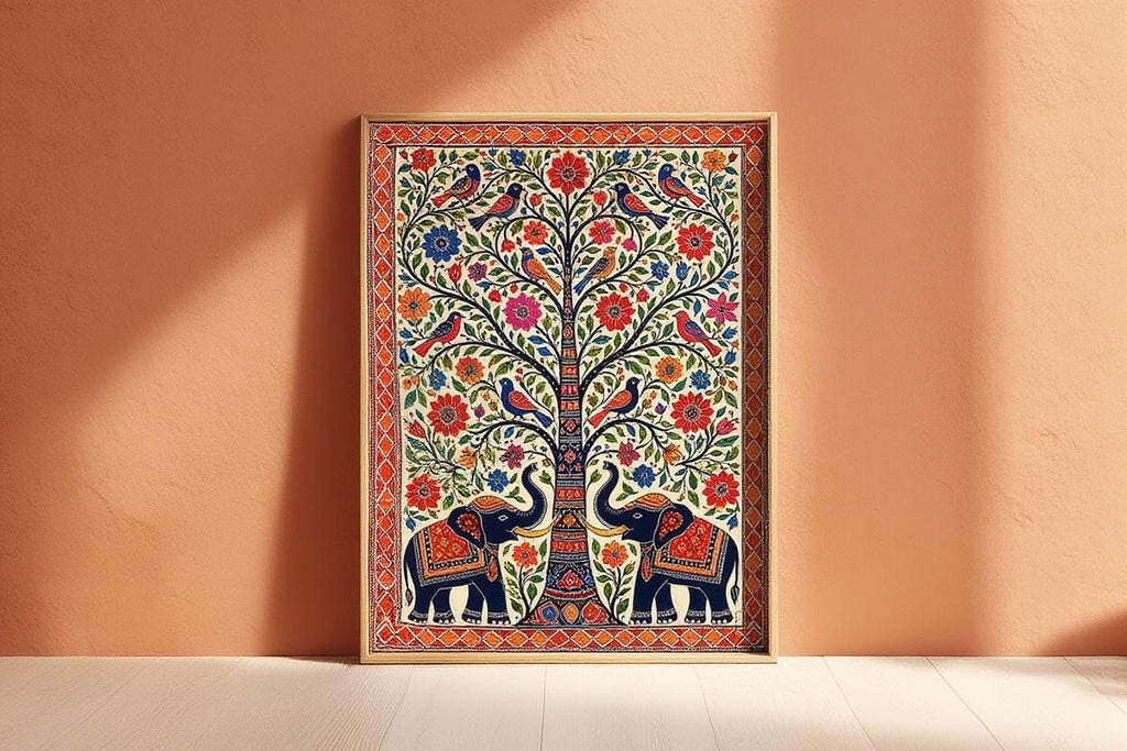 a vibrant, intricately designed painting of a tree with two elephants at its base, set against a peach-colored wall.