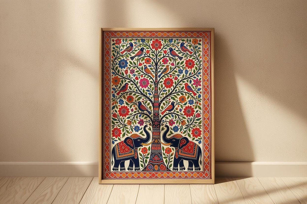 A framed painting depicting a tree with intricate floral designs and two elephants standing beneath it, set against a beige wall.